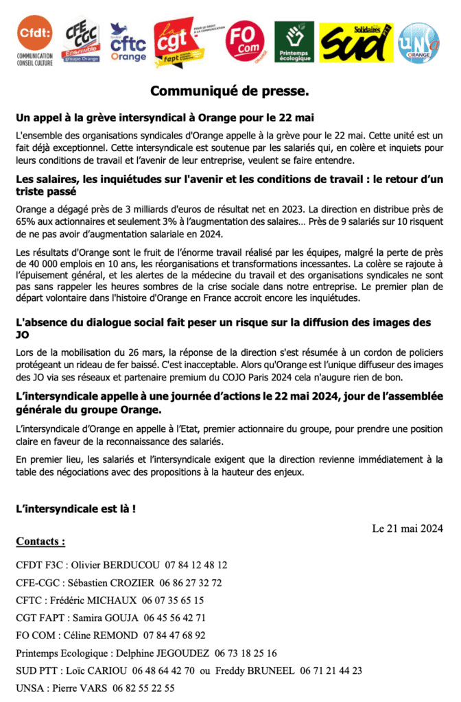 Communiqué de presse intersyndicale : appel à la grève le 22 mai