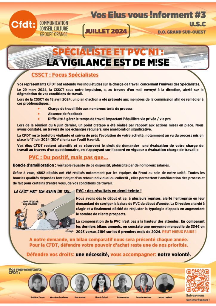 VOS ELUS VOUS INFORMENT 3
USC
Juillet 2024
SPÉCIALISTE ET PVC N1 :
LA VIGILANCE EST DE MISE
CSSCT : Focus Spécialistes 
Vos représentants CFDT ont entendu vos inquiétudes sur la charge de travail concernant l’univers des Spécialistes.
Le 29 mars 2024, la CSSCT sous notre impulsion, a, au travers d’un mail envoyé à la direction, alerté sur la dégradation de vos conditions de travail. 
Lors de la CSSCT du 18 avril 2024, un plan d’action a été présenté aux membres de la commission afin de remédier à ces problématiques :
Charge de travail liée aux nombreux tests de process
Absence de feedback
Difficulté à gérer le temps de travail impactant l’équilibre vie privée / vie pro 
Lors de la réunion du 6 juin dernier, un point d’étape a été réalisé par rapport aux actions mises en place. Nous avons constaté, au travers de nos échanges réguliers, une amélioration significative. 
La CFDT reste toutefois vigilante et suivra de près l’évolution de votre activité, notamment au vu du process mis en place le 17 juin 2024 (RDV clients sur l’outil Hagrid).
Vos élus CFDT restent attentifs et se réservent le droit de demander  une évaluation de votre charge de travail au travers d’un questionnaire, en s’appuyant sur l’accord en vigueur « évaluation charge de travail » 
PVC : Du positif, mais pas que...
Boucle d’amélioration : véritable réussite de ce dispositif, plébiscité par de nombreux salariés. 
Grâce à vous, 4862 dépôts ont été réalisés notamment par les équipes du Front au sein de notre unité. Toutes les boucles qualités déposées font l’objet d’un retour individuel ou collectif , elles permettent l’amélioration des process et de fait pour certains d’entre vous, de vos conditions de travail.
PVC : des résultats en demi-teinte !
Nous avons dès le début et ce, à plusieurs reprises, alerté l’entreprise en leur demandant de corriger la baisse de PVC du début d’année. La Direction a tardé à réagir et a finalement décidé de réajuster la typologie d’appels en augmentant le nombre de clients prospects.
La compensation de la PVC n’est pas à la hauteur des attendus. En comparant les derniers bilans annuels, on constate une moyenne mensuelle de 334€ en 2023 versus 218€ sur les 6 premiers mois de 2024. PEUT MIEUX FAIRE !
A notre demande, un bilan comparatif nous sera présenté chaque année. 
Pour la CFDT, défendre votre pouvoir d’achat reste une de nos priorités.
Défendre vos droits: une nécessité, vous accompagner: notre volonté.
