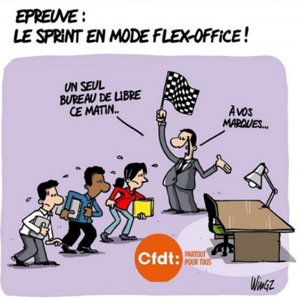 dessin humoristique
flex office:
course au bureau libre entre trois salariés