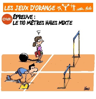 dessin humoristique
les jeux d'Orange: le 110 mètres haies mixte
un homme sur la ligne de départ avec une haie normale
une femme sur la ligne, boulet à la cheville avec une haie de sa taille