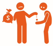 dessin
personne donnant une pièce provenant d'un gros sac, en grimassent